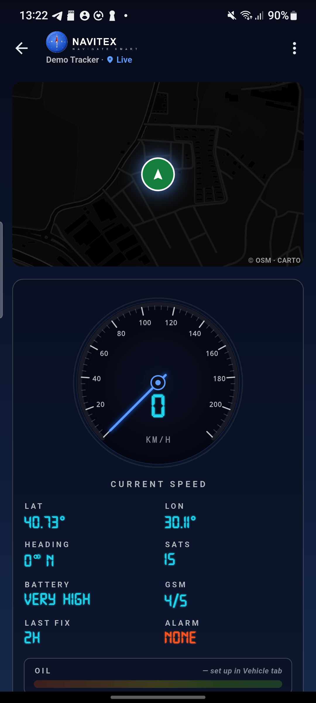 Navitex mobile app — Live tab with speedometer and map
