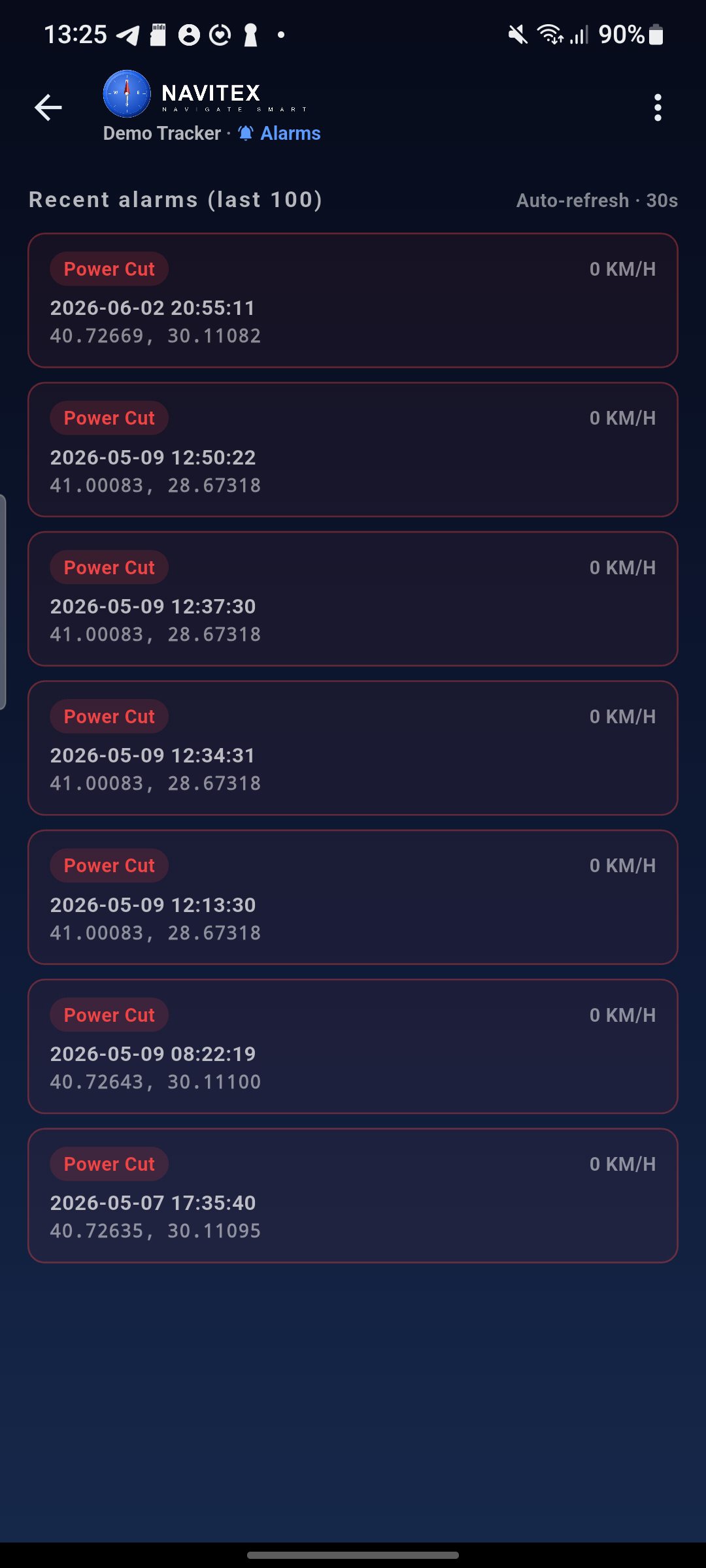 Alarms — every event with type and time