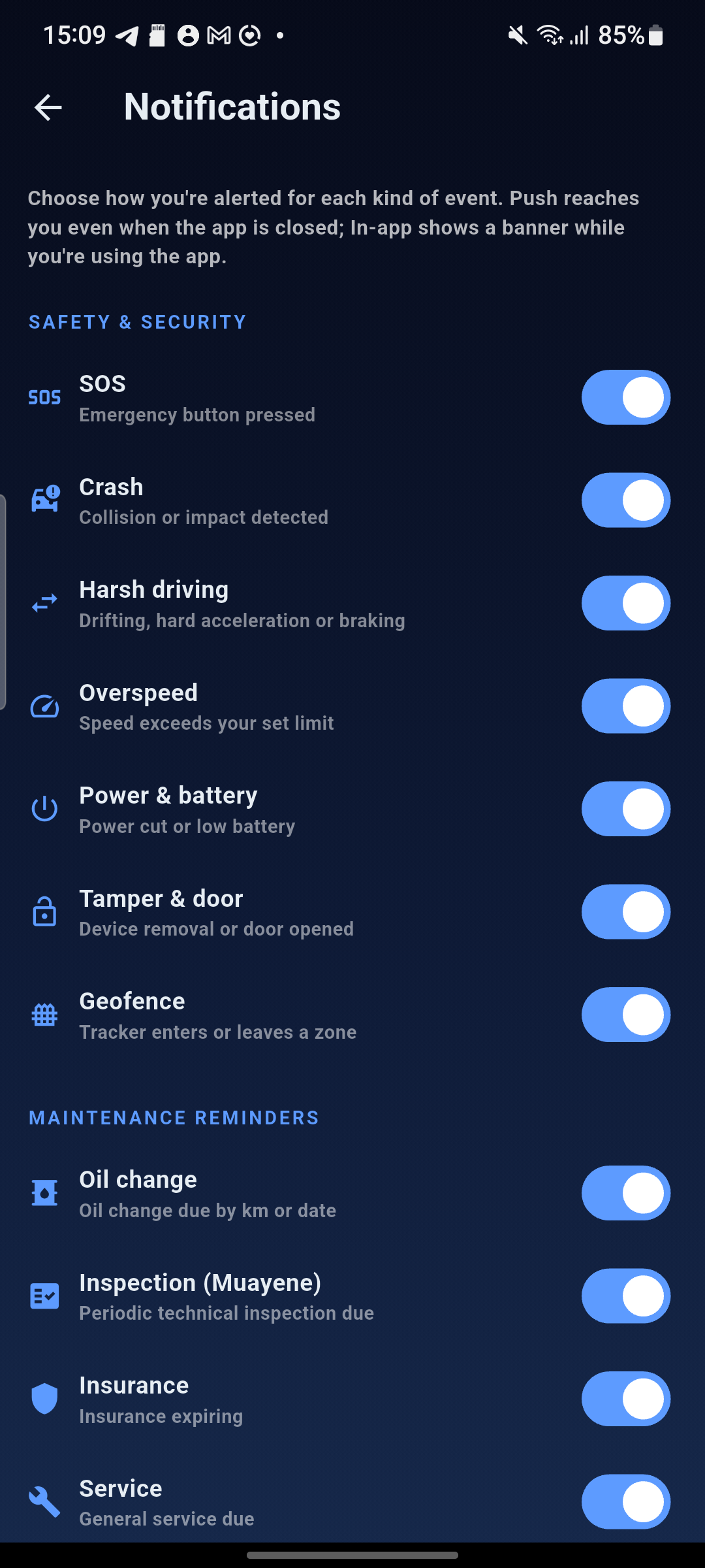 Notifications — one toggle per alert type