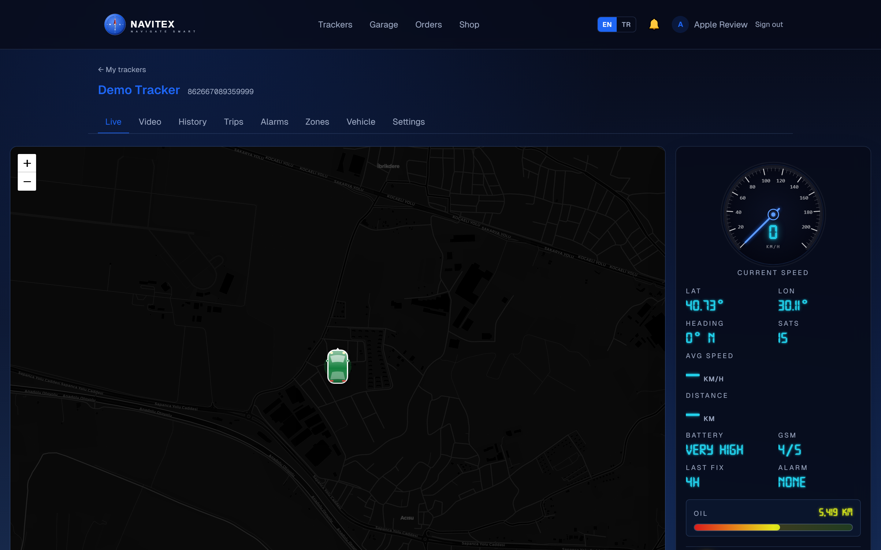 Navitex web panel — Live tab with map and dashboard