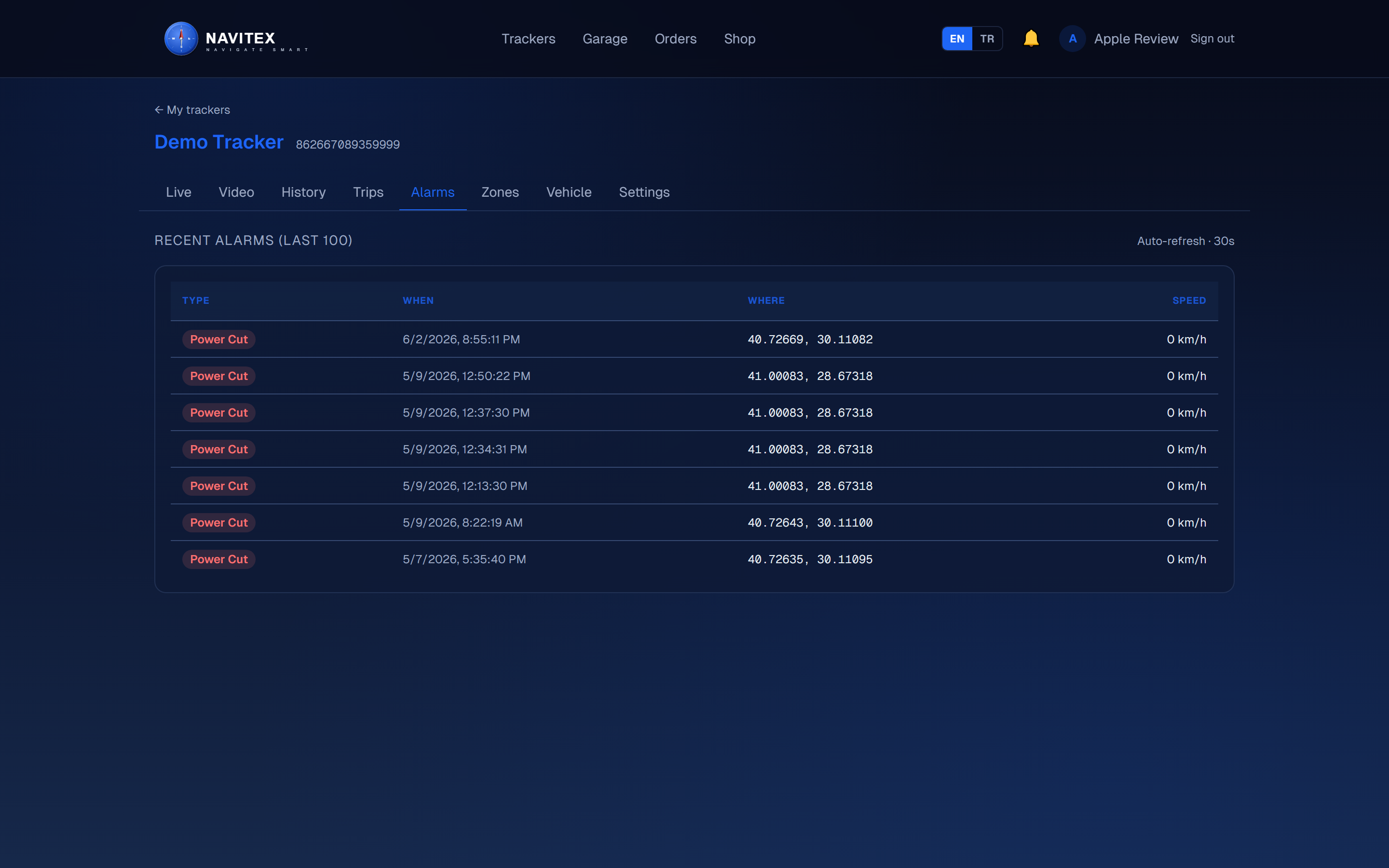 Alarms — every safety event with timestamp and location