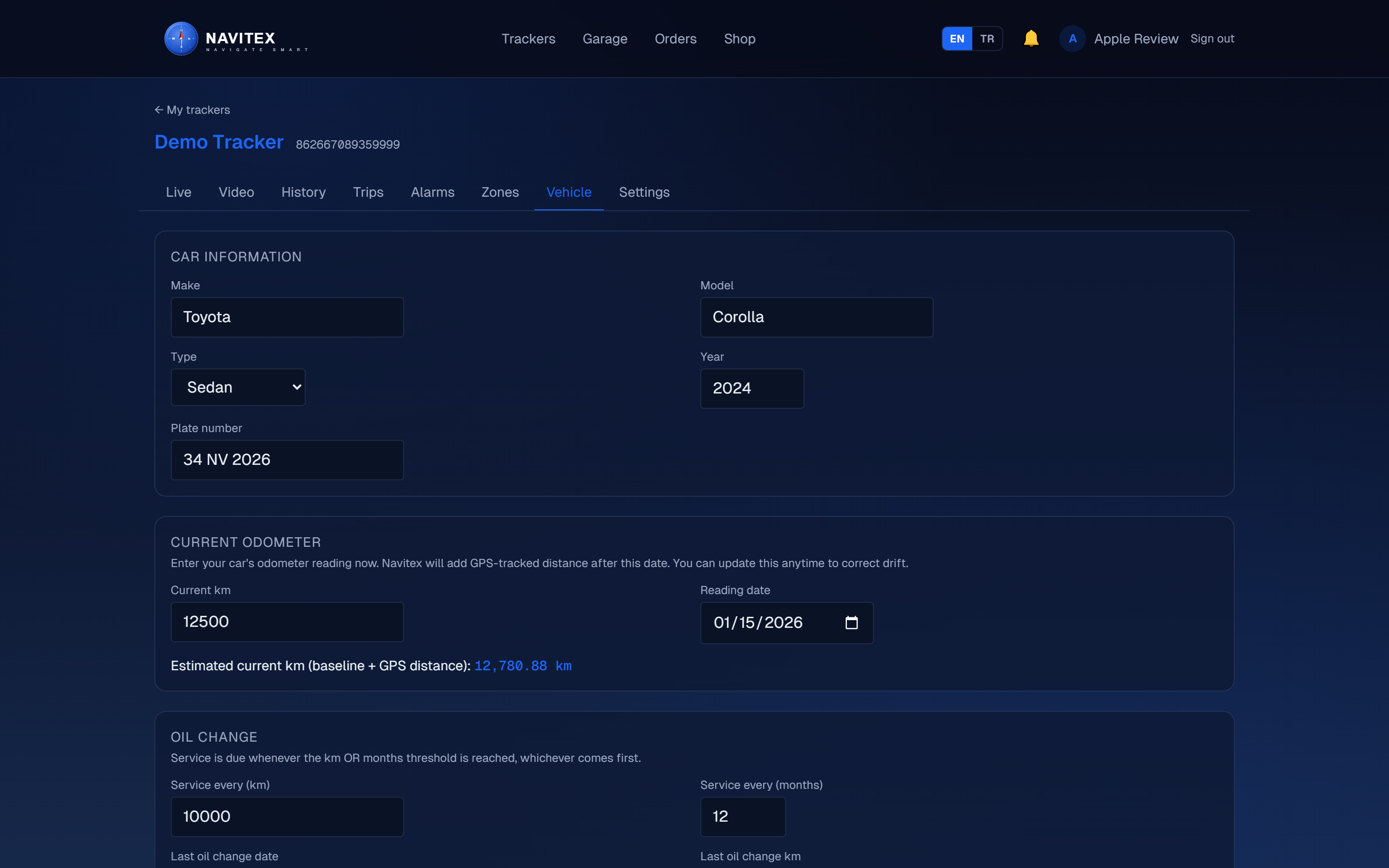 Vehicle — car identity + maintenance schedule